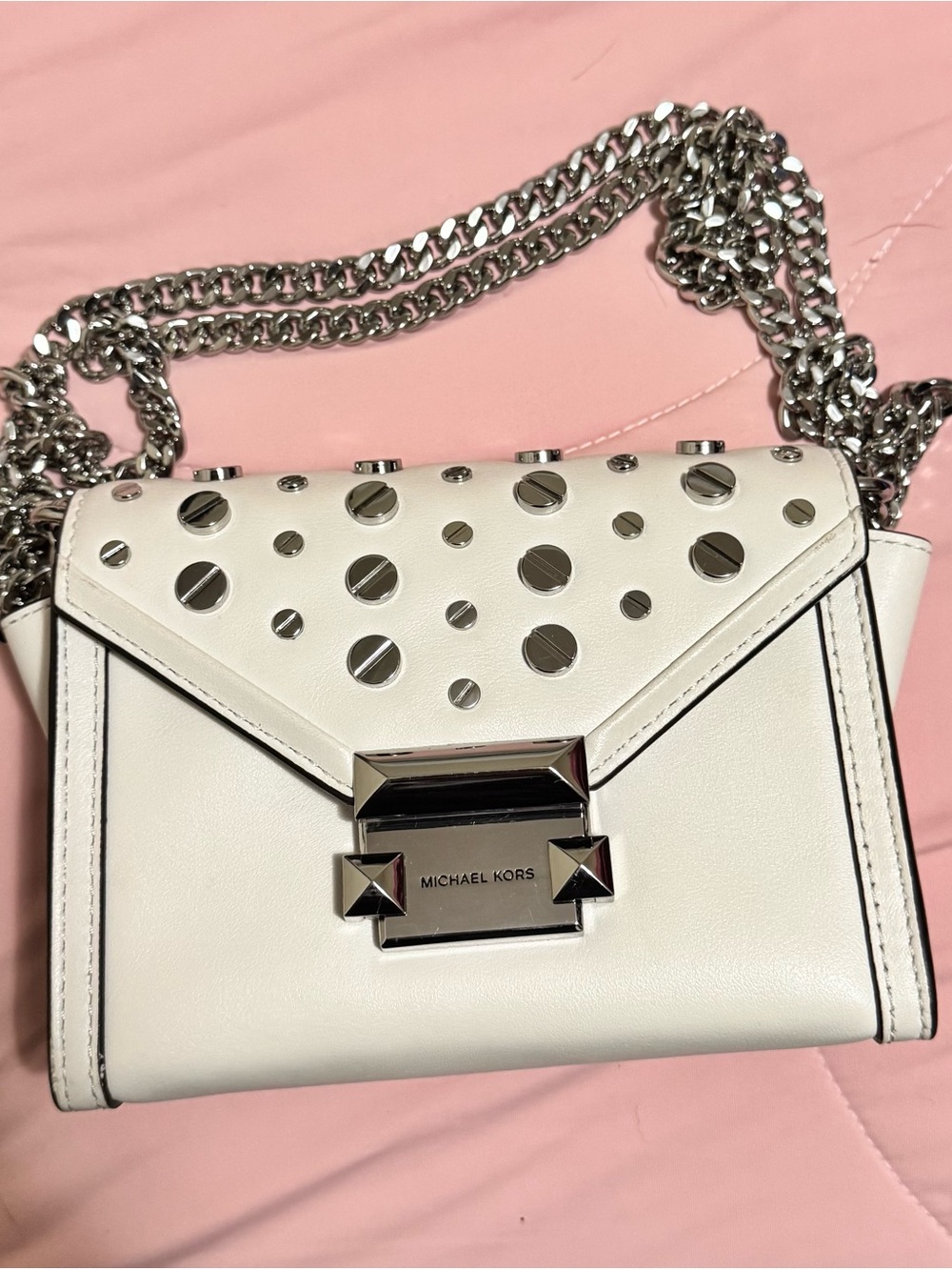 Michael Kors White Leather Studded Crossbody with Silver Hardware
